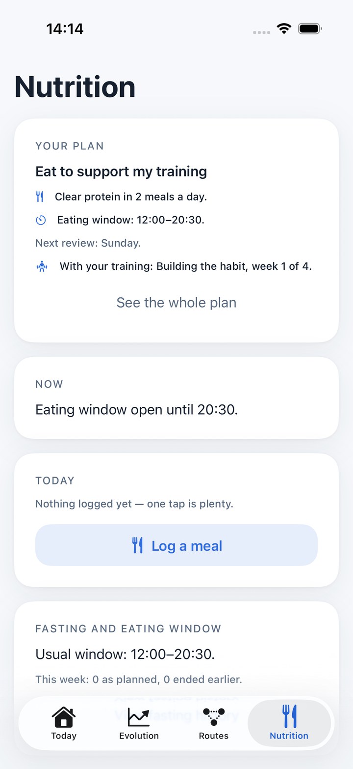 Otto's Nutrition screen: your current strategy, the state right now and today's meals.