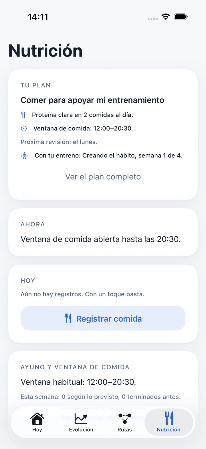 La pantalla de Nutrición de Otto: tu estrategia actual, el estado de ahora mismo y las comidas de hoy.